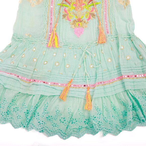 Boho Embellished Aqua Blue Sun Dress with tassels and embroidery Cotton Size S - Picture 7 of 13